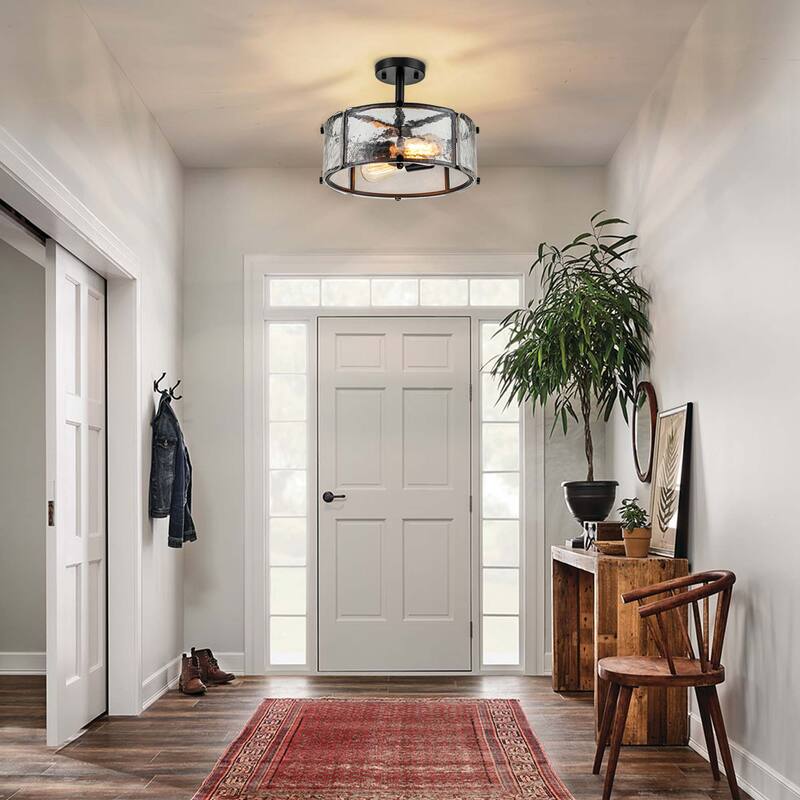 Starsky 2-Light 13in. Modern Caged Drum Semi Flush Mount with Textured Glass Shade