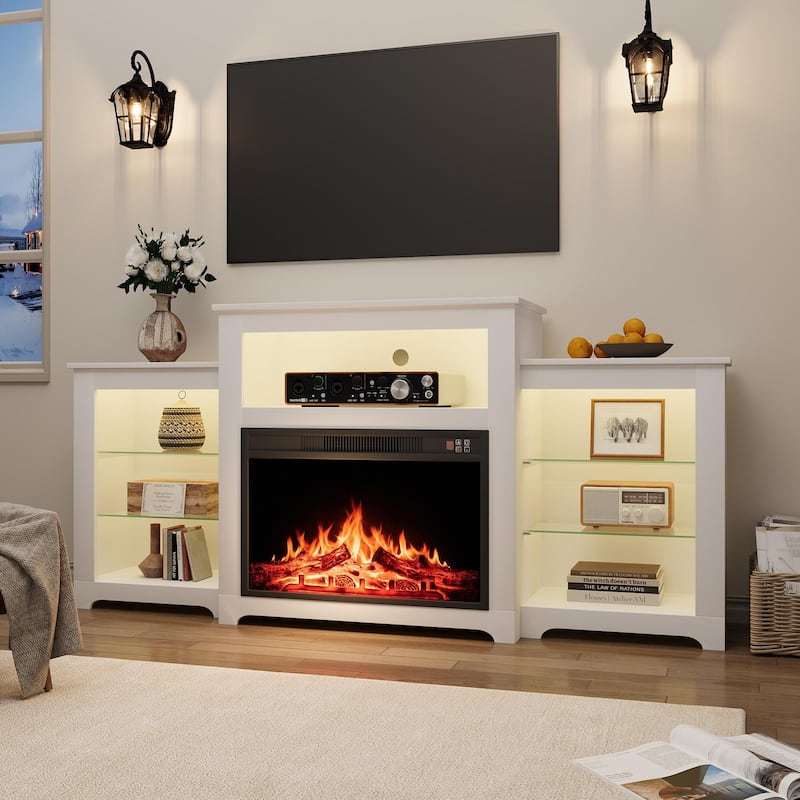 32" H Fireplace TV Stand, 55/70 Inch Media Console for TVs up to 80", Remote, Storage & LED Lights