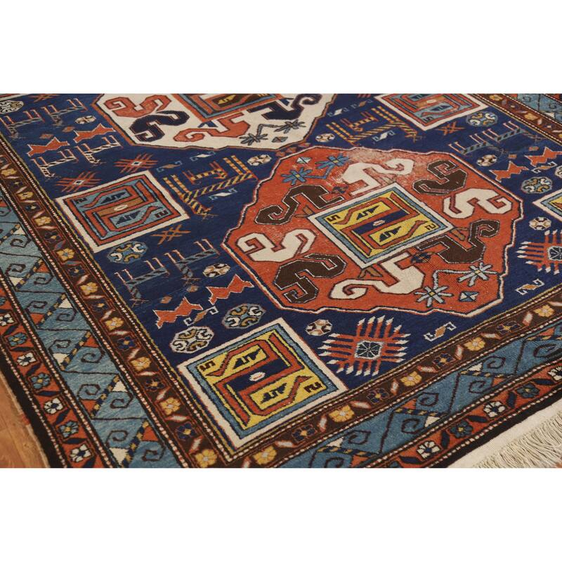 Hand Knotted Oriental 100% Wool Carpet Traditional Tribal Navy Blue & Blues Kazak Area Rug - 10' 0'' X 6' 7''