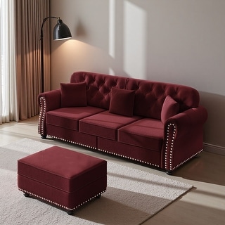 Velvet Chesterfield Sofa Set with Ottoman, Nailhead Trim and Button ...