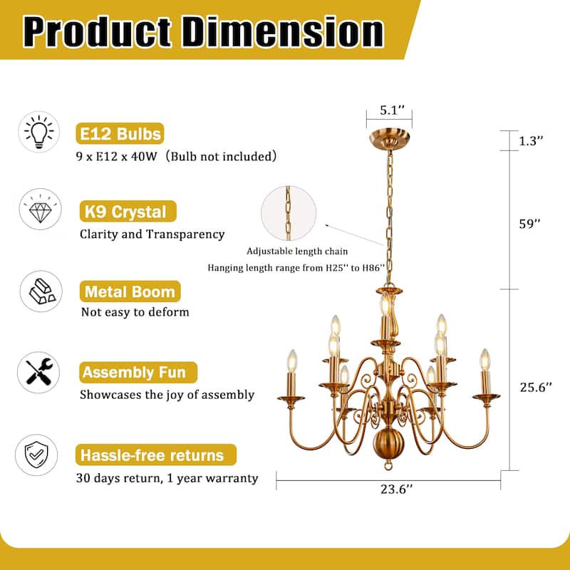 French Country Dimmable Antique Brass Chandelier Adjustable Chain Vintage Pendant Light for Dining Room