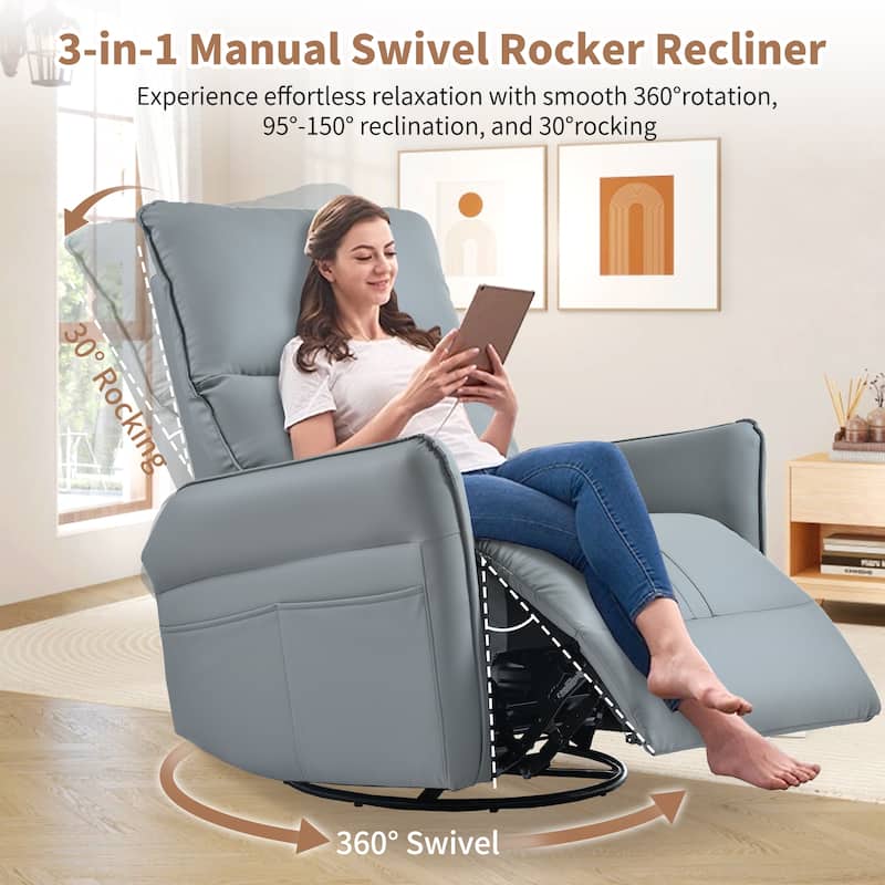 GDFStudio - 360° Swivel Rocker Recliner Chair with Manual Pull-Ring Recline
