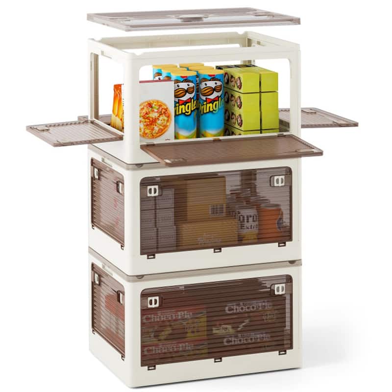 Cream White-Clear Brown Foldable Storage Bins 3-Pack with Wheels
