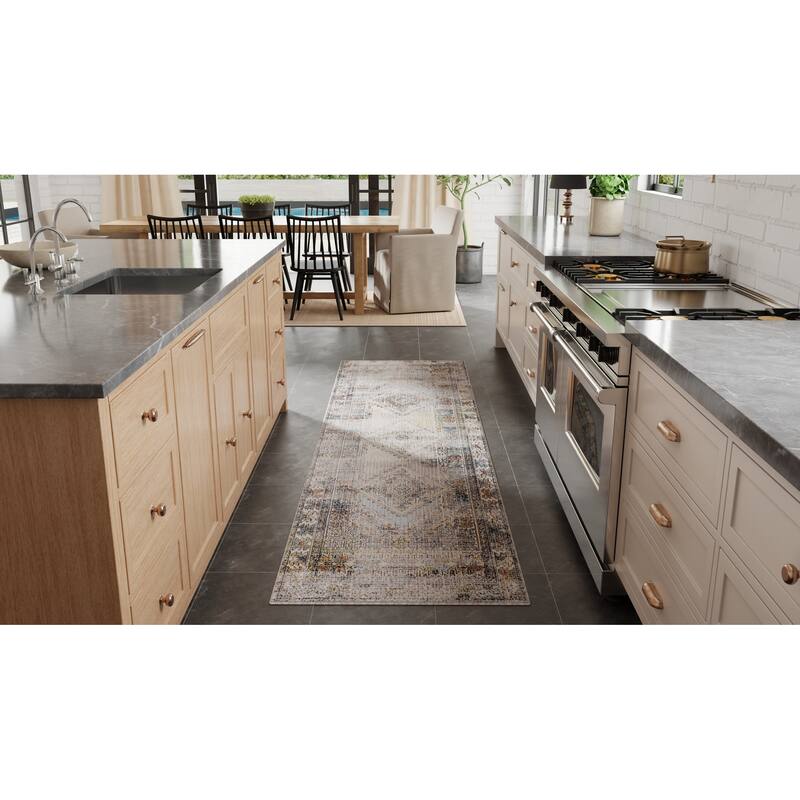 Melrose R39P0 Distressed Transitional Area Rug - 2'6" x 7'3" - Gray/Red/Blue