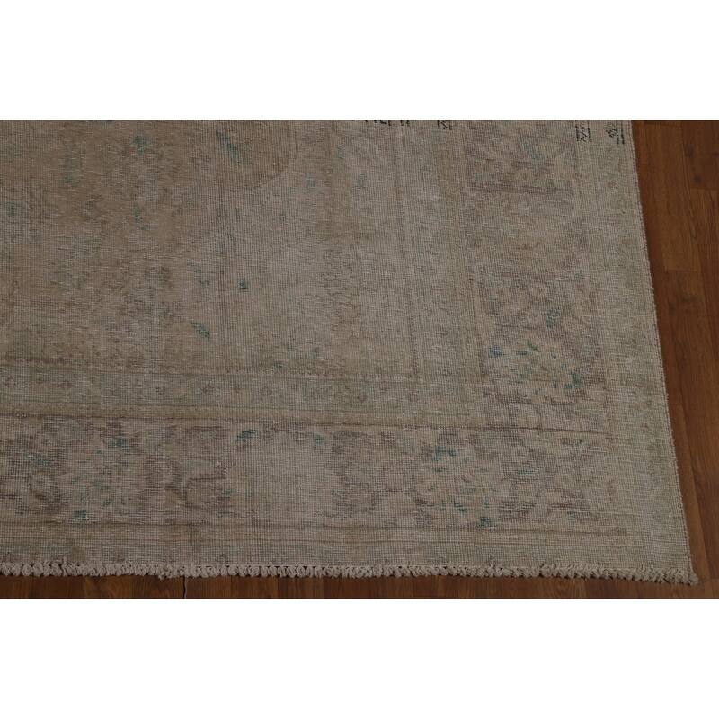 Distressed Beige Tabriz Persian Vintage Rug Hand-Knotted Wool Carpet - 9'1"x 11'9"
