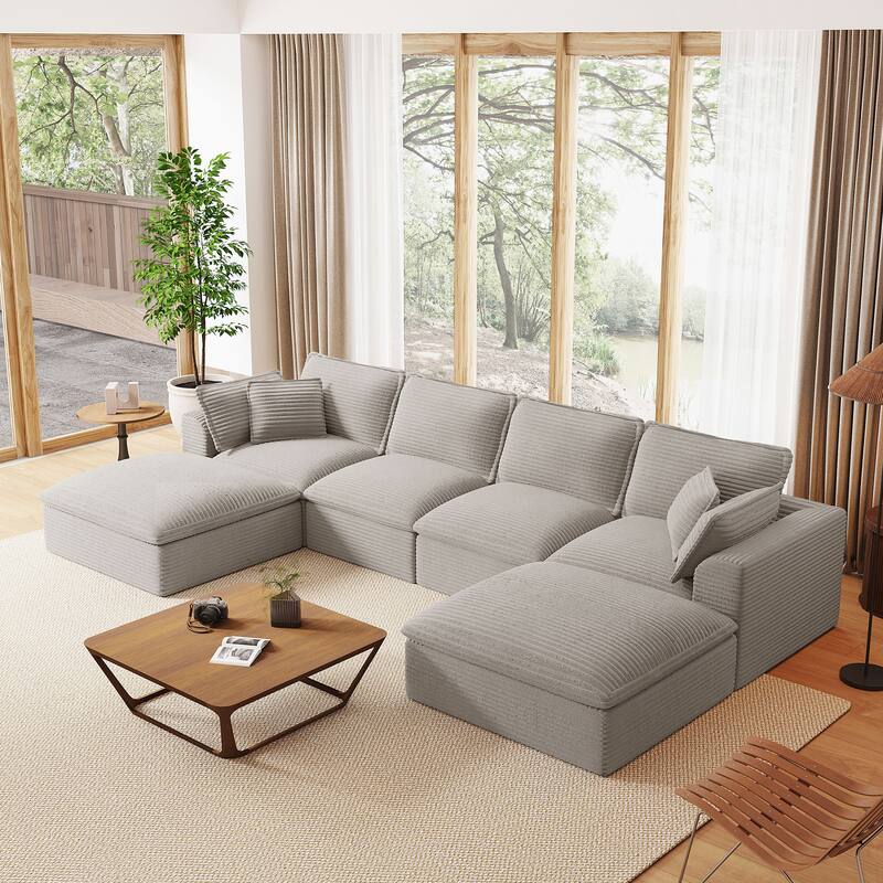 142" U-Shaped Modular Sectional Sofa - Extra Wide Cloud Cushions, No Assembly Required, Striped Chenille - Light Gray