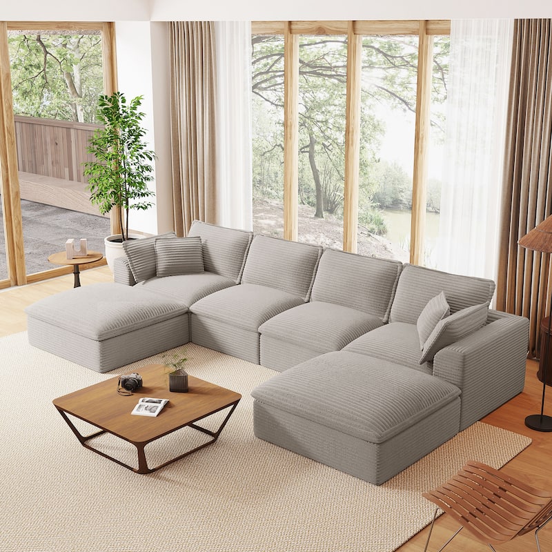 U-Shaped Sectional Sofa Set, Oversized Modular Deep Seat Sofa Corduroy Cloud Like Couch with 2 Movable Ottomans - Light Grey