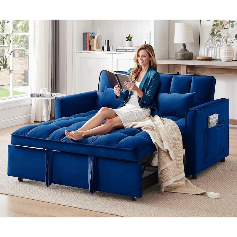 3 in 1 Convertible Sleeper Sofa Bed, Futon Couches for Living Room with Side Pocket, Adjustable Backrest - Blue