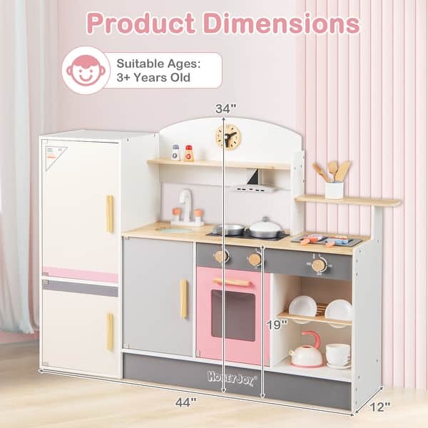 Wooden Play Kitchen Set with Realistic Range Hood and Refrigerator Perfect Gift for Kids - 35.5" x 9" x 25.5" (L x W x H)