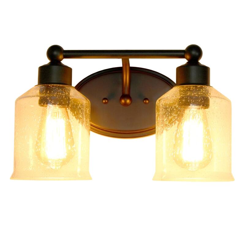 Seeded Glass Shade 2-Light Uplight Downlight Vanity Wall Sconce - 14" - Black