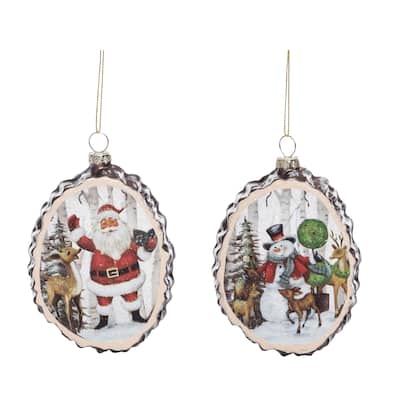 Transpac Glass Woodland Santa/Snowman Scene Ornament Set of 2 Christmas Home Decorations - Multicolor