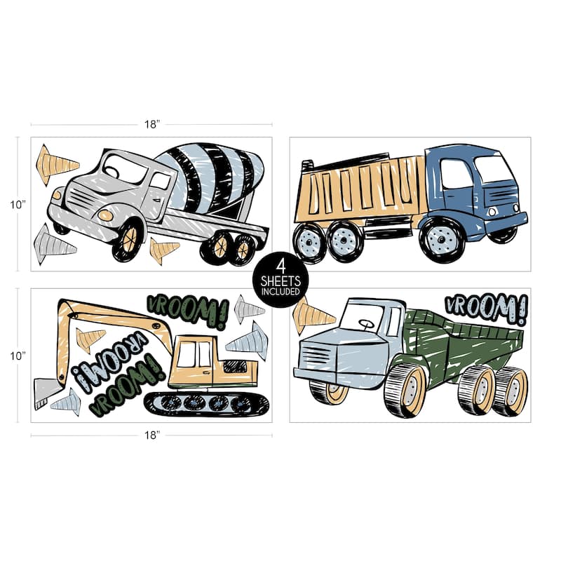 Construction Truck Collection Peel Stick Wall Decal Stickers Art Nursery Decor (Set of 4) -Grey Yellow Blue Green Transportation