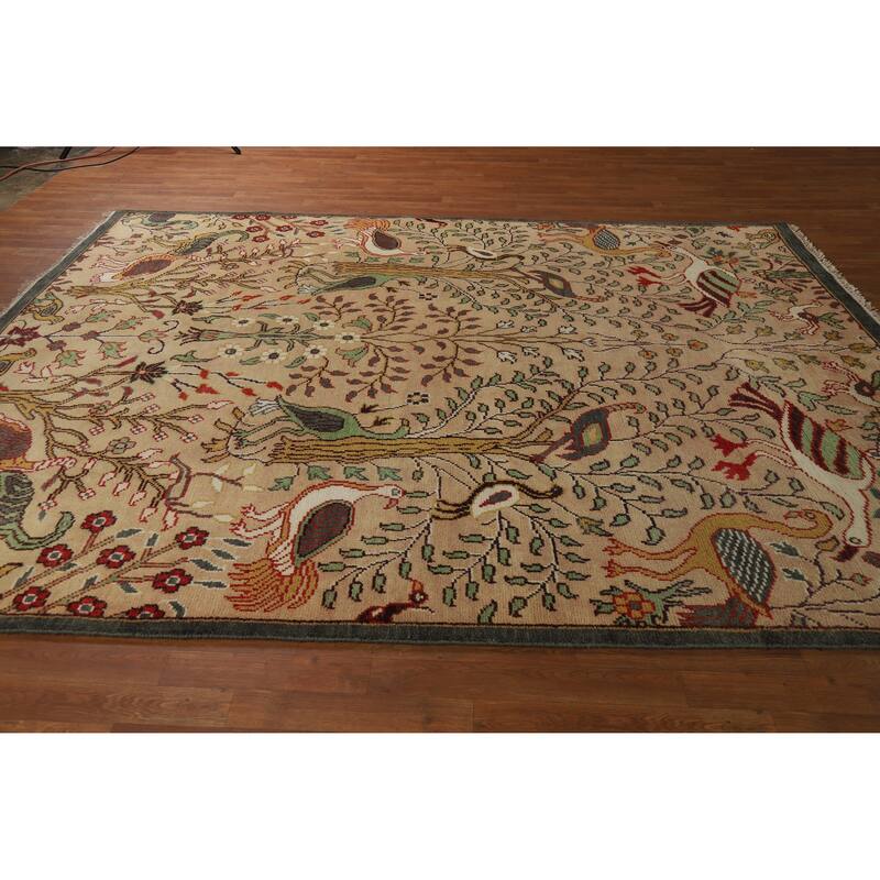Hand Knotted Oriental 100% Wool Carpet Traditional All-Over Peach Ziegler Area Rug - 9' 10'' X 7' 11''