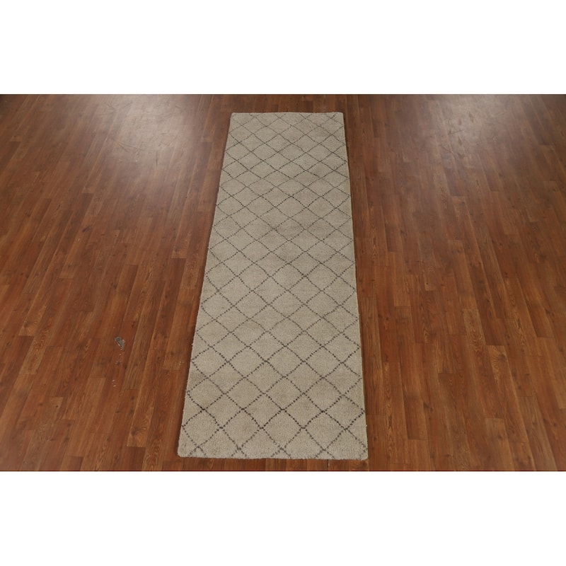 Beige Trellis Moroccan Oriental Runner Rug Handmade Wool Carpet - 2'7" x 7'9"