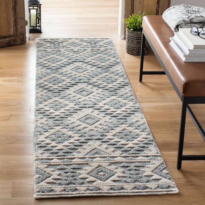 SAFAVIEH Handmade Natura Nouri Transitional Geometric Cream/Aqua Wool Rug - 2'3" x 8' Runner - Cream/Aqua