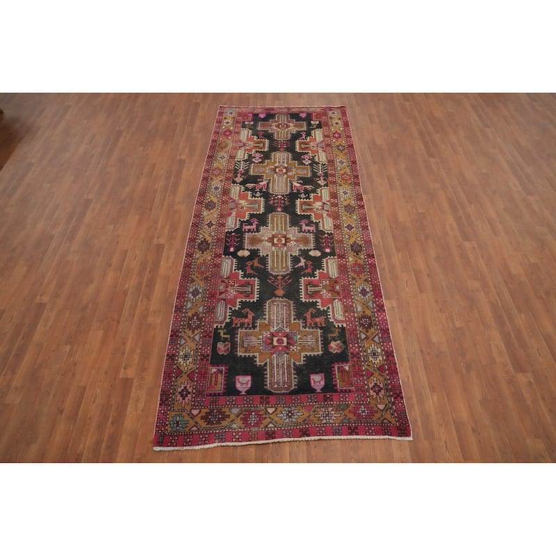 Hand Knotted Oriental 100% Wool Carpet Traditional Tribal Black Ardebil Runner Rug - 10' 6'' X 4' 3''