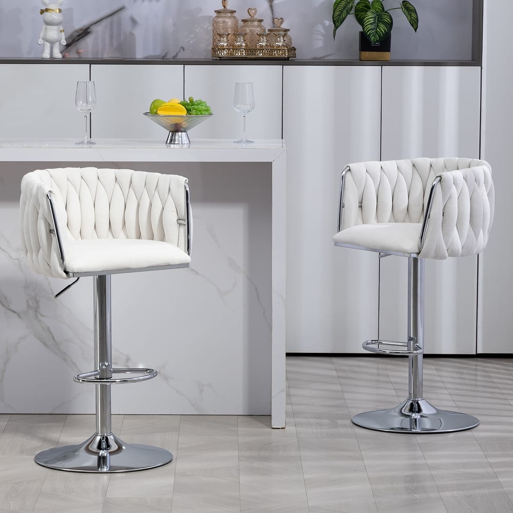 360° Swivel Fabric Cover Bar Stools Set of 2, Adjustable Height Bar Accent Chairs with Woven Back and Silver Chromed Base