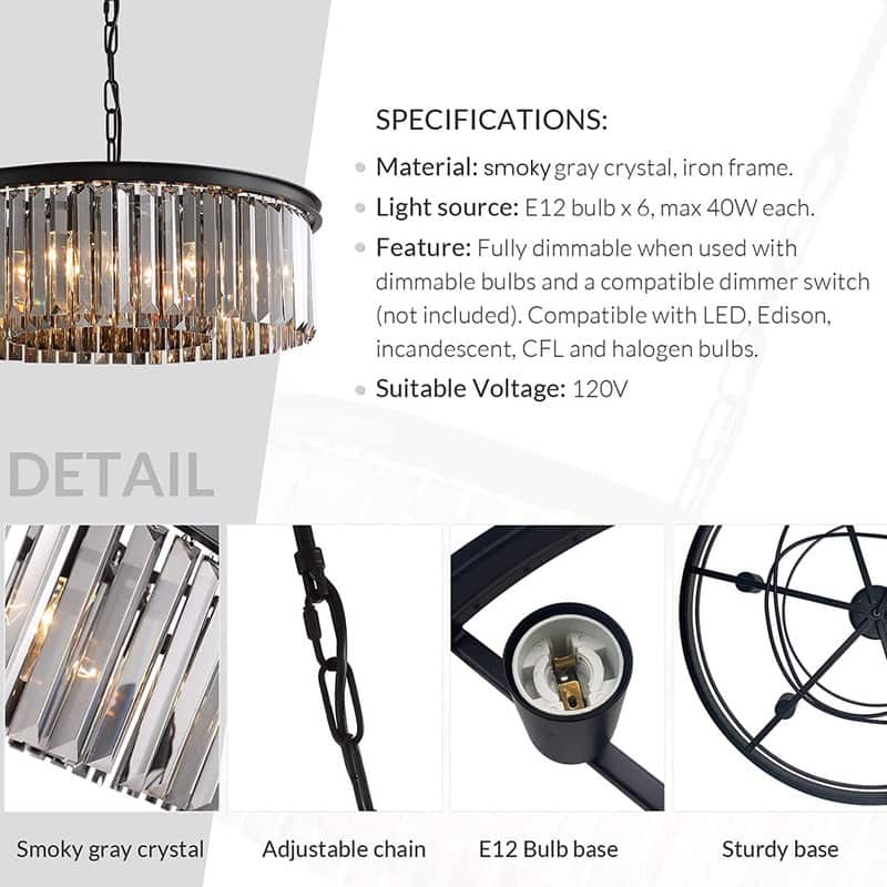 22-inch Smoky Gray Round Chandelier 2-Tier Modern Crystal Chandelier Kitchen Island Pendant Light for Dining Room Bedroom