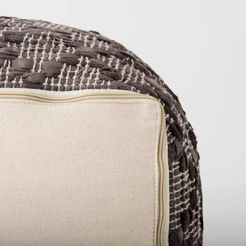 Mercana "Falguni" Grey Patterned Leather & Cotton Square Pouf