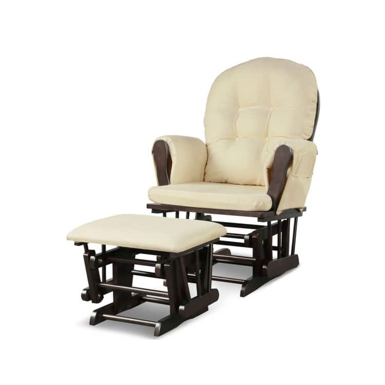 Solid Wood Gliding Chair Set with Storage Pockets and Ottoman for Relaxing - 29.5" x 28.5" x 39.5" (L x W x H) - Beige