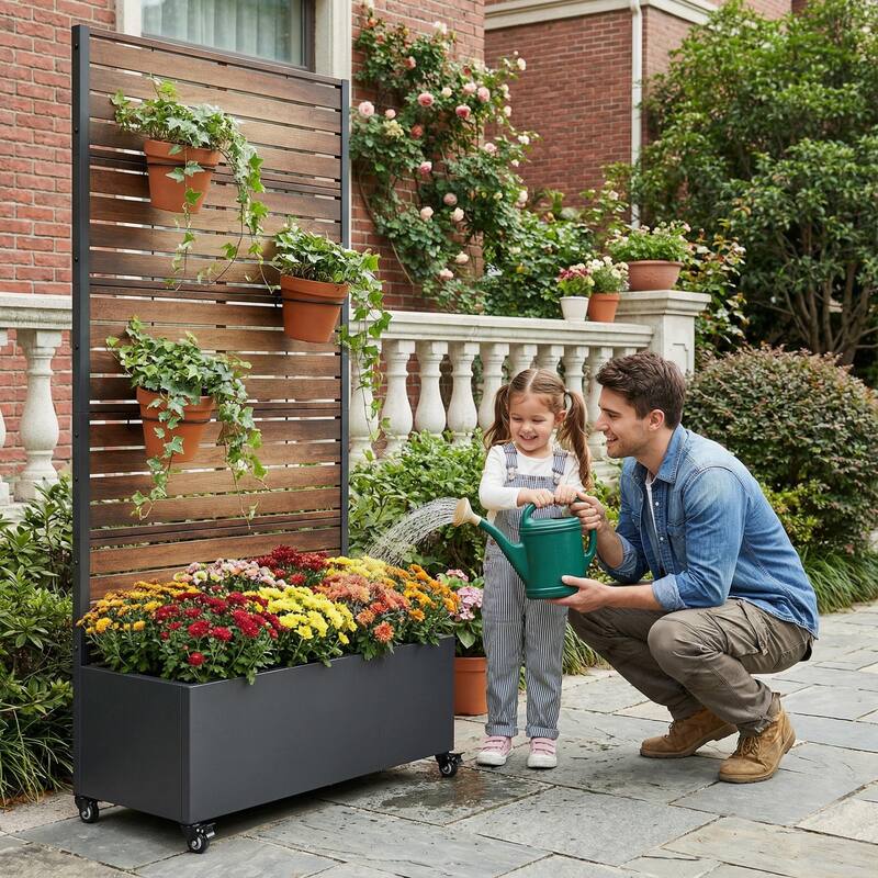 Metal Planter Box with Trellis Privacy Screen Planter Box with Lockable Wheels
