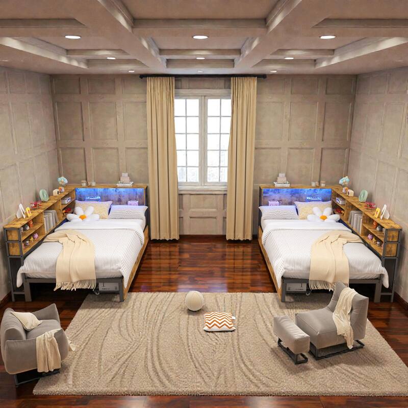 Twin Corner Bed Frame with Bookcase Storage, Drawers, Charging Station & LED Lights, Space-Saving Kids Daybed Unit