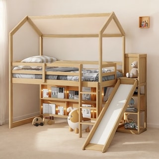 Twin Size Wood House Loft bed with Slide, Storage shelves & Light, Climbing Ramp, Wood Color