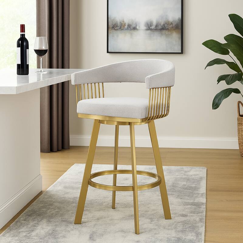 Luci Swivel Barstool Chair, Gold Steel, Taper Legs, Silver Polyester