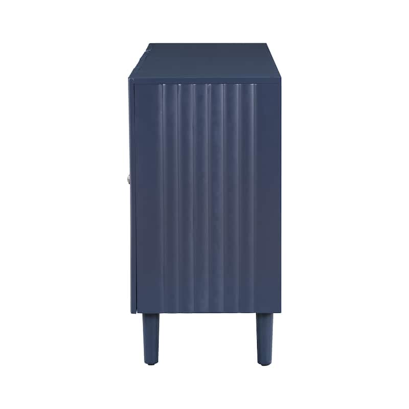 Rubber Wood 4 Door Sideboard with Wavy Pattern Doors and Cylindrical Legs, Storage Cabinet with Metal Door Handle