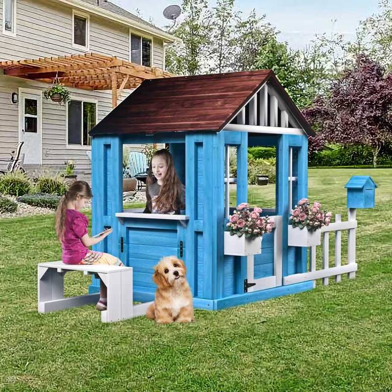GDF Studio - Meadowbrook Wooden Outdoor Playhouse with Bench, Mailbox & Flowerpot Holders - White and Blue