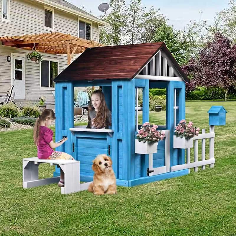 Outdoor Playhouse Wooden Kids Play House w/Picnic Bench