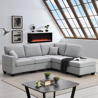 Sena L Sectional Sofa, 3 Accent Pillows, Gray Linen Fabric, 121 Inch main image 1