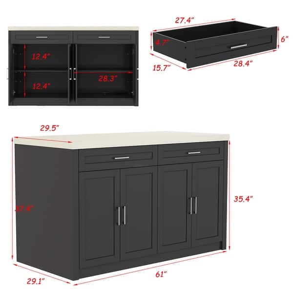 dimension image slide 1 of 3, Kitchen Island with Storage Cabinet, White Kitchen Island Table with Drawers & Shelves Pantry
