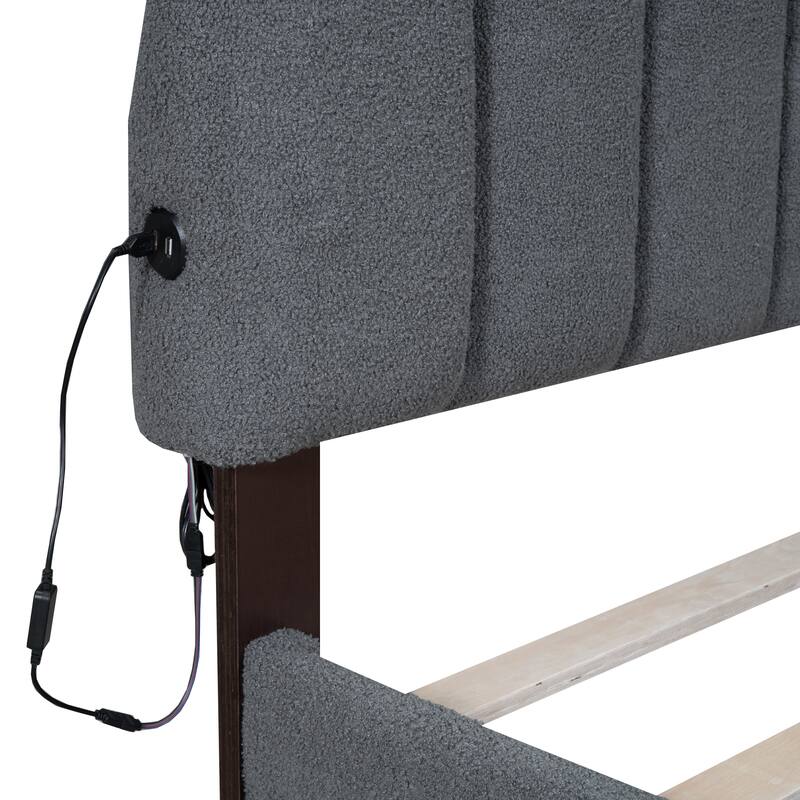 Teddy Fleece Queen Platform Bed with USB Charging Ports, Storage Drawer, and Remote-Controlled LED Lights