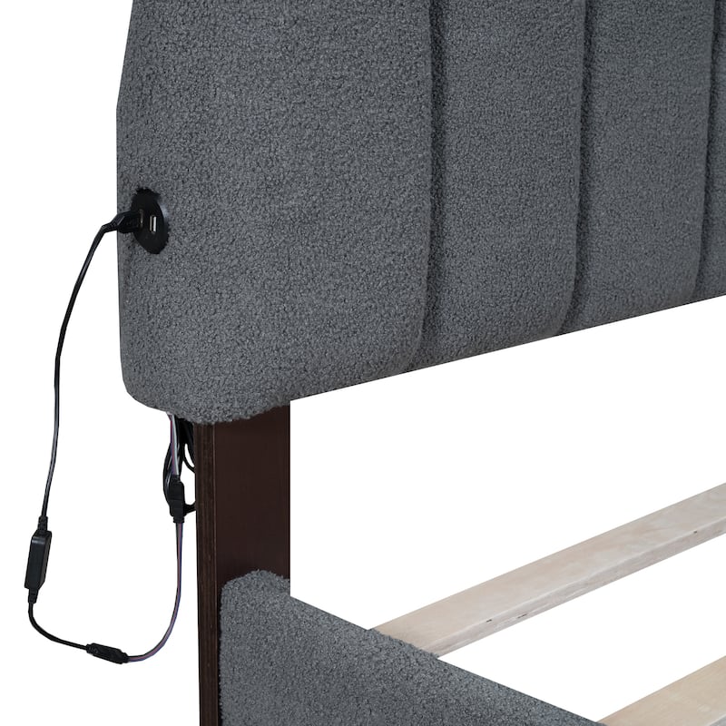 Teddy Fleece Queen Size Upholstered Platform bed with Drawer, Gray