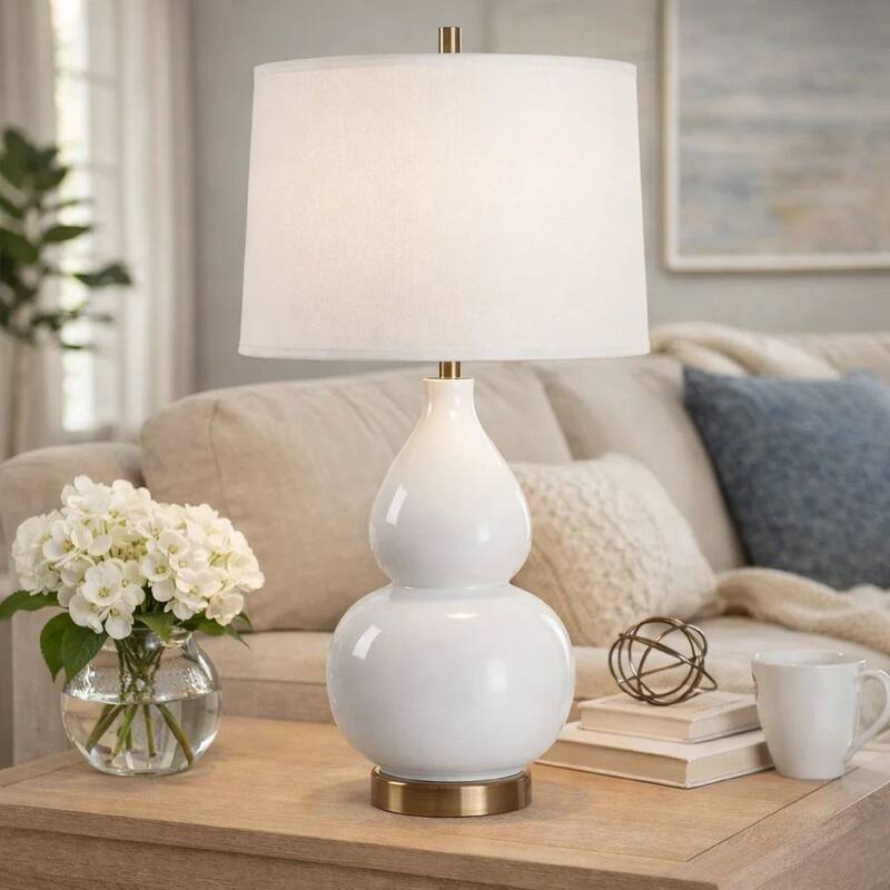 Roe Table Lamp, White Linen Shade, White Gourd Ceramic Body, 26 Inch