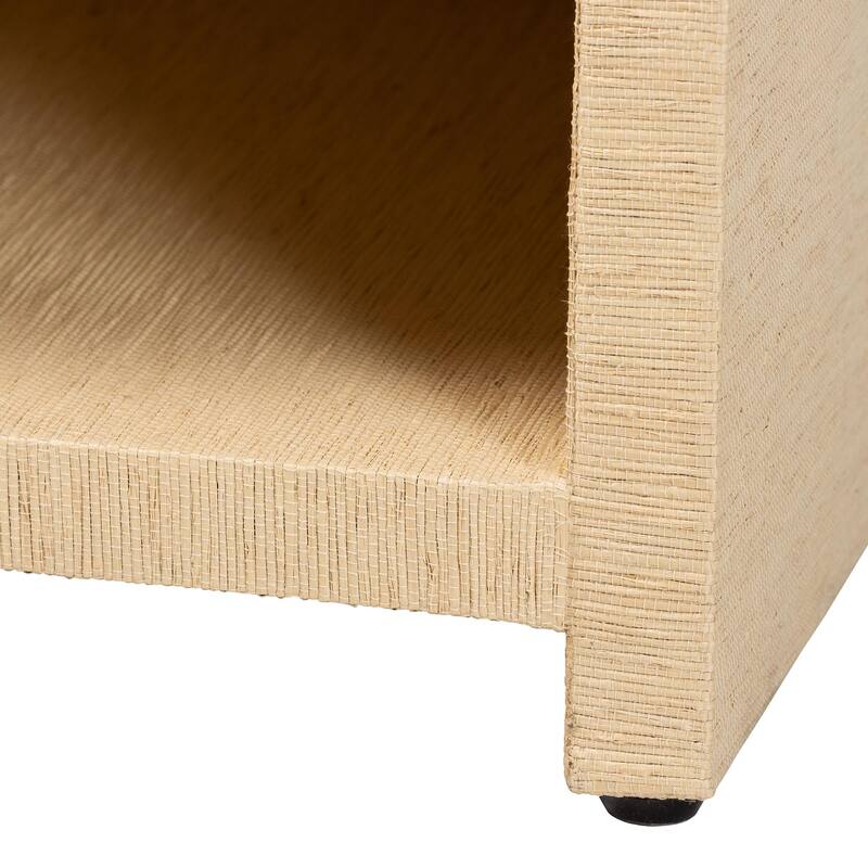 William Grasscloth 1-Drawer Nightstand with Open Shelves - Woven Texture Bedside Table with Gold Knob, Modern Coastal Accent