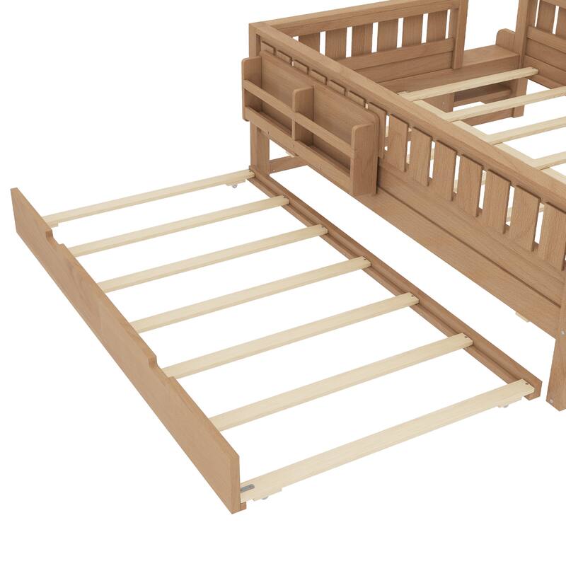 Full/Twin Size Wood Bed with Built-in Bookshelves and Storage Staircase, Safety Rails and Trundle Bed