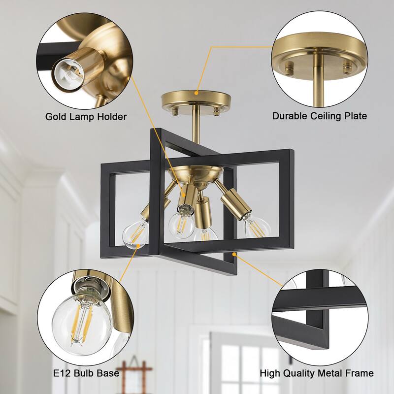4-Light Farmhouse Semi-Flush Mount Light with Rustic Accent Square Cage for Dining Room