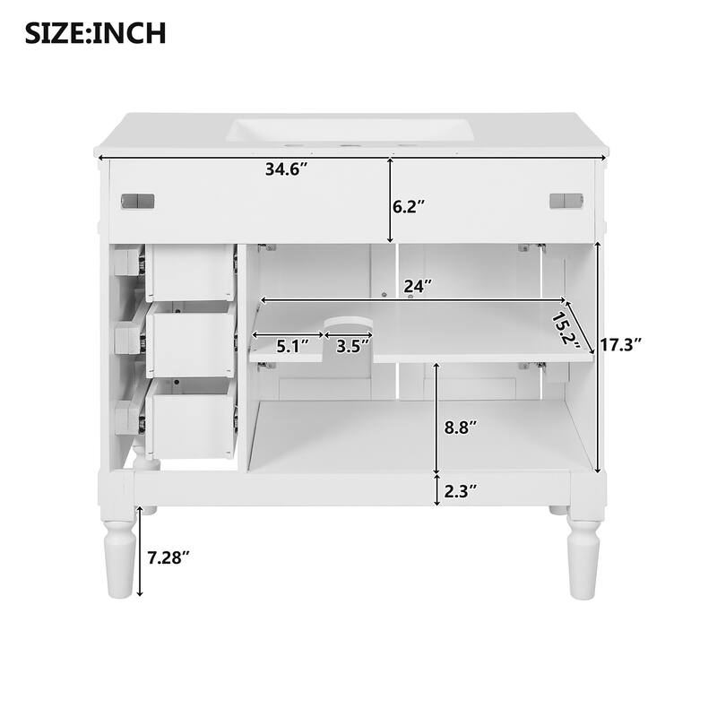 GDFStudio - Hellie 36" Modern Bathroom Vanity with Ceramic Sink - Soft-Close Doors, Drawers & Adjustable Storage