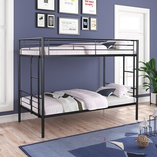 Metal Twin over Twin Bunk Bed with 2 Side Ladders, Sturdy Heavy-duty Metal Bedframe with Safety Guardrail, Noise Reduced Design