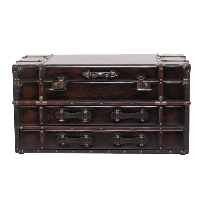 Linen Fabric Upholstered Trunk 2 Drawer Coffee Table with Buckle Hinged Top - Dark Blue or Brown - Roche River Decor - Brown