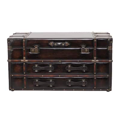 Linen Fabric Upholstered Trunk 2 Drawer Coffee Table with Buckle Hinged Top - Dark Blue or Brown - Roche River Decor