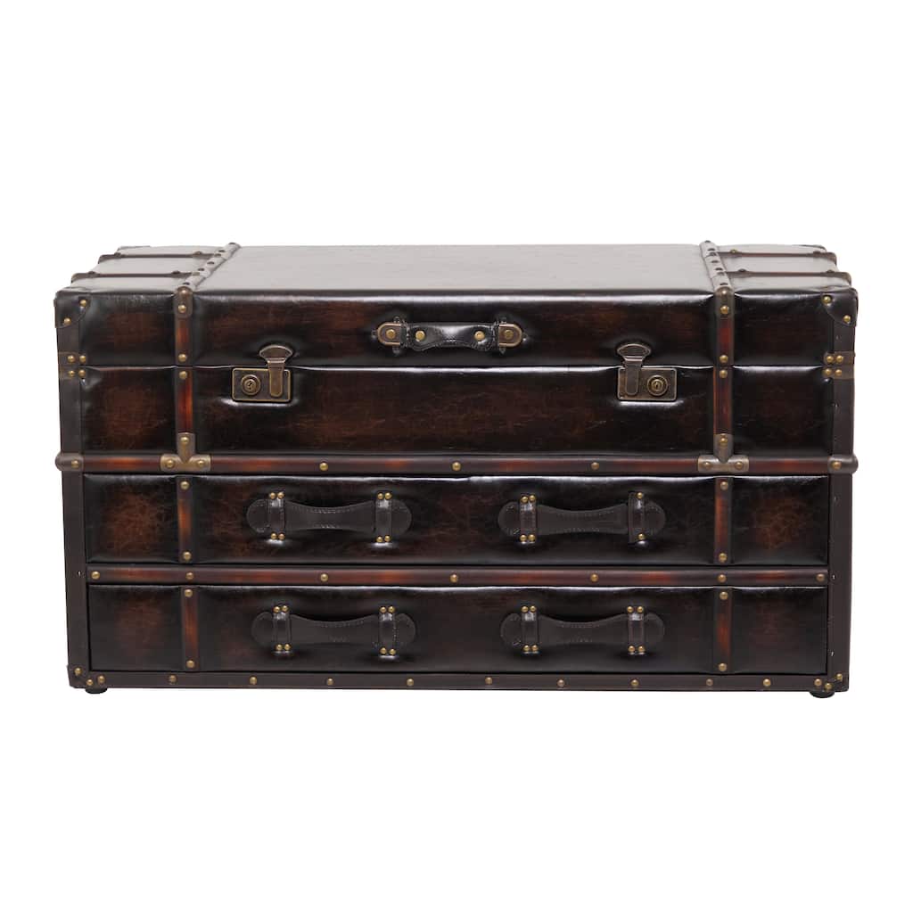 Linen Fabric Upholstered Trunk 2 Drawer Coffee Table with Buckle Hinged Top - Dark Blue or Brown - Roche River Decor