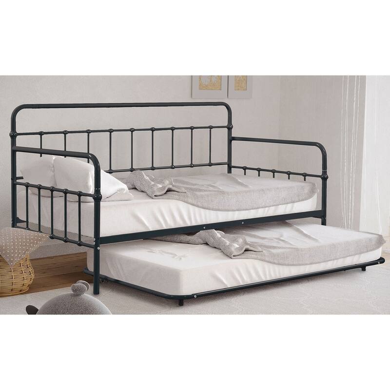 Black Metal Twin Size Daybed with Trundle, Pipe-inspired Framework
