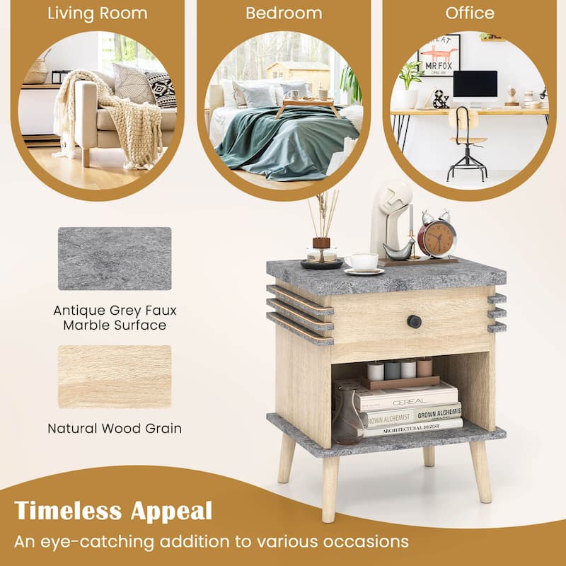 Costway 1/2 PCS 3-Tier Bedside Table with Antique Grey Faux Marble Top