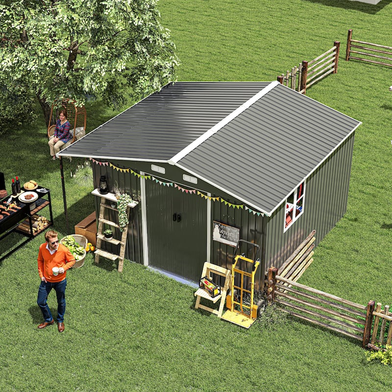 10x12 Ft Outdoor Storage Shed, Extra Large Metal Shed with Lockable Doors, Windows, Outside Steel Tiny House Ideal