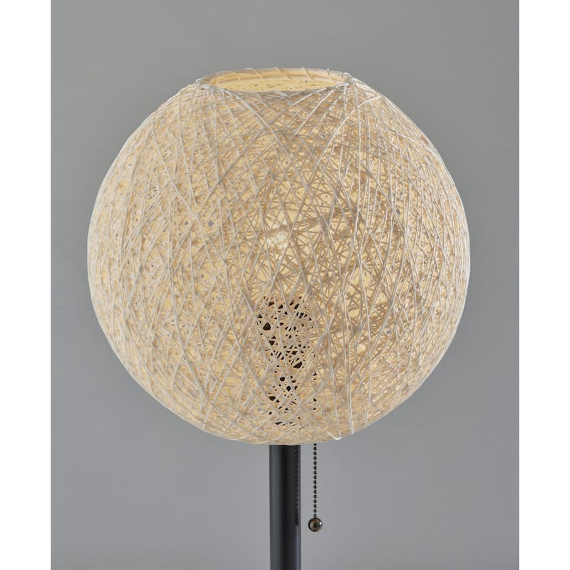 Antiqued Bronze Metal Table Lamp with Off White Rattan Globe Shade and Pull Chain Switch - 12” x 12” x 24” (D x W x H)