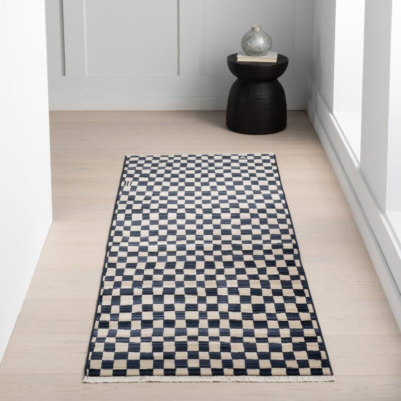 Nuloom Dominique Abstract Checkered Fringe Area Rug - 2' 6" x 6' 5" - Navy - Runner