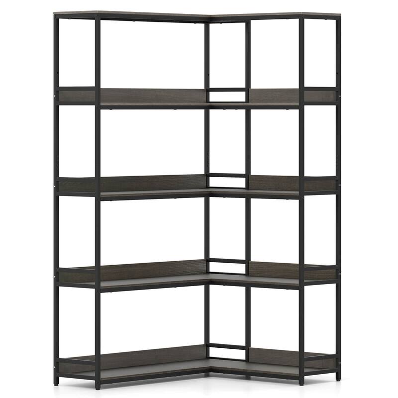 5-Tier Industrial Wood Open Corner Bookcase 90 Degrees Large Bookshelf - Oak